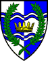 Atlantia - Blazon: Per pale argent and azure, on a fess wavy cotised counterchanged a crown vallery Or, overall a laurel wreath vert