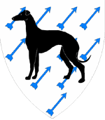 Device: Argent, A Semy of Arrows Inverted per Bendwise Sinister Azure, A Dog Statant, Sable