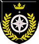 Northshield - Blazon: Sable, a compass rose argent within a laurel wreath, in chief an ancient crown Or
