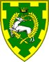 Outlands - Blazon: Vert, a stag argent, attired and unguled, salient from between the boughs of a laurel wreath, in chief a Saxon crown, all within a bordure embattled Or
