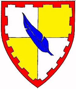 Device: Quarterly argent and Or, a feather bendwise azure within a bordure embattled gules