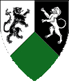 Device: Per pall inverted argent, sable and vert, in chief a lion and a talbot combattant counterchanged