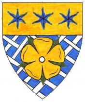 Device: Azure fretty argent, a rose and on a chief Or three estoiles azure.