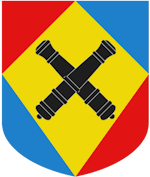 Device: Quarterly gules and azure, on a lozenge Or in saltire two cannon barrels sable