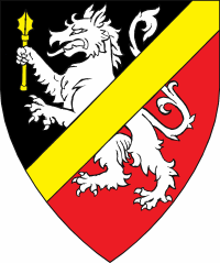 Device: Per bend sinister sable and gules, a tyger rampant argent maintaining a mace, overall a bend sinister Or