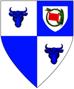 Device: Quarterly argent and azure, two ox's heads cabossed azure and for augmentation, in sinister canton on an escutcheon argent, within a dragon in annulo, tail wrapped about its neck vert breathing flames an open scroll fesswise gules.
