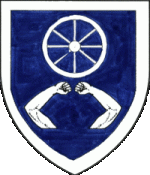 Device: Azure, in pale a wagon wheel and a pair of arms embowed respectant, a bordure argent.