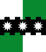 Device: Quarterly Argent and Vert on a fess embattled counter embattled Sable three mullets of ten Argent.