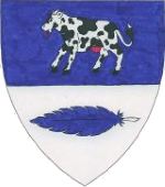 Device: Per fess azure and argent, a cow statant argent marked sable and a feather fesswise reversed azure