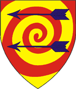 Device: Or, a gurges gules, overall two arrows in pale fesswise reversed azure