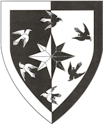 Device: Per pale sable and argent, a mullet of eight points, within six ravens volant in annulo, a bordure cunterchanged.