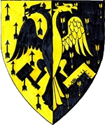 Device: Per pale Or and sable all semy of arrows, a double headed eagle maintaining a hammer and a carpenter's square counterchanged sable and Or.