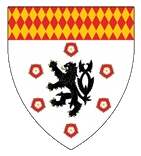 Device: Argent, a lion rampant doubly-queued sable between six roses in annulo proper, a chief lozengy gules and Or.