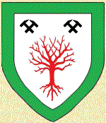 Device: Argent, a tree blasted and eradicated gules, in chief two pairs of hammers in saltire azure hafted proper, a bordure vert.