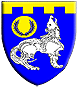 Vilku Urvas - Blazon: Azure, an armored wolf statant coward ululant contourny argent and in dexter chief a bezant charged with a laurel wreath azure, a chief embattled Or
