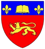Device: Gules, a lion passant Or and on a chief azure an open book between two fleur-de-lys Or.