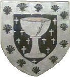 Device: Sable crusilly Argent, within a bourdure Argent charged with twelve escallops inverted Sable.