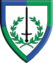 Blachemere (inactive) - Blazon: Argent, a sword sable within a laurel wreath vert and a bordure quarterly azure and vert.
