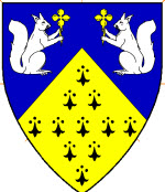 Device: Per chevron azure and erminois, in 
chief two squirrels respectant argent each maintaining a quatrefoil slipped Or.