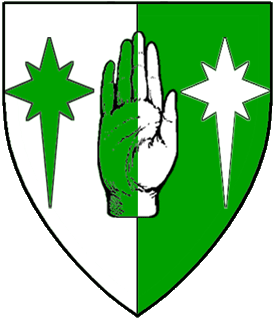 Device: Per pale argent and vert, a hand between in fess two compass stars elongated to base counterchanged. 