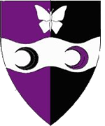 Device: Per pale purpure and sable, on a fess way argent two increscents counterchanged, in chief a butterfly argent
