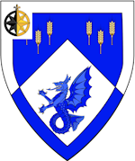 Device: Per chevron azure semy of wheat stalks Or, and argent, a sea dragon azure and a bordure counterchanged 