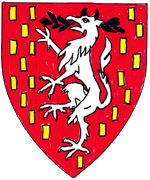 Device: Gules, billetty Or, a Continental panther rampant argent incensed sable.