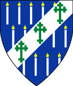 Device: Azure, a semy of candles argent flammant or, on a bend sinister argent three Latin crosses crosslet palewise vert.