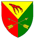 Device: Per pall Or, gules, and vert, towo arrows in saltire Or and in chief a claw couped contourny gules.