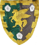 Device: Per pale vert and sable, a pegasus rampant Or between three roses argent, a bordure embattled Or.