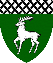 Device: Vert, a stag trippant argent and a chief argent fretty sable.