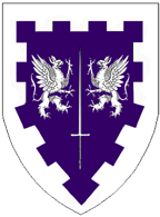 Device: Purpure, a sword between two griffins combattant within a bordure embattled argent.