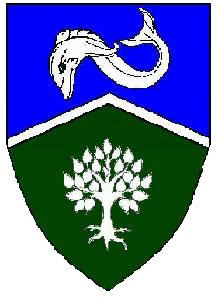 Device: Per chevron azure and vert, a chevron between a dolphin and a tree eradicated argent.