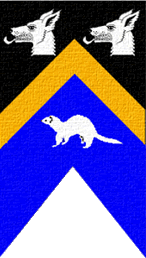 Device: Per chevron sable and azure, a chevron Or between two wolf heads couped and a ferret statant argent.