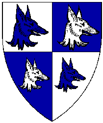 Device: Quarterly argent and azure, four foxes' heads erased contourny counterchanged.