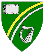 Device: Vert, a scarpe enarched argent and a scarpe enarched Or all between a closed book and a harp argent