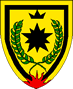 Ansteorra - Blazon: Or, a mullet of five greater and five lesser points sable within a laurel wreath vert, in chief a crown of three points, all within a tressure sable, overall issuant from base a demi-sun gules