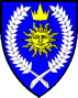 Atenveldt - Blazon: Azure, a sun in his splendour Or within a laurel wreath argent and in chief a crown of three greater and two lesser points Or