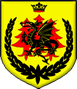 Drachenwald - Blazon: Or, in fess three pine trees eradicated gules, overall a dragon passant coward, all within a laurel wreath, in chief an ancient crown sable