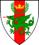 Middle - Blazon: Argent, a pale gules, overall a dragon passant vert, in chief an ancient crown Or within a laurel wreath proper