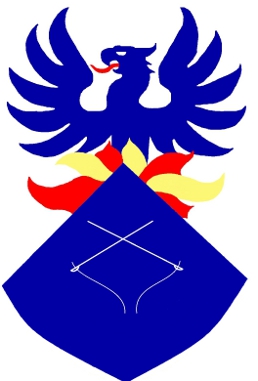 Device: Per chevron argent and azure, issuant from the line of division a phoenix azure rising from flames proper and two threaded needles inverted in saltire argent.