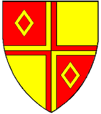 Device: Quarterly gules and Or a cross between in bend two mascles counterchanged.