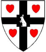 Device: Argent, on a cross quadrate sable between four hearts gules a rabbit sejant erect argent.