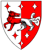Device: Per pale argent and gules, a wolf passant reguardant tail nowed between six lozenges ployé counterchanged.