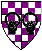 Device: Checky argent and purpure, in fess a sinister fist and a dexter fist each sustaining an annulet sable