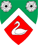 Device: Per chevron vert and gules, a chevron between two roses and a swan naiant argent.
