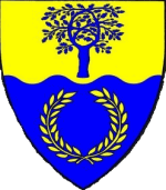 Avonwood - Blazon: Per fess wavy Or and azure, an oak tree couped and a laurel wreath counterchanged