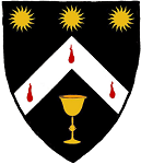 Device: Sable, on a chevron argent between three suns and a chalice Or, three gouttes de sang.