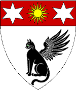 Device: Argent, a winged cat sejant sable, on a chief gules a sun Or between two mullets of six points argent.