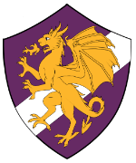Device: Purpure, a bend sinister argent, overall a dragon segreant or